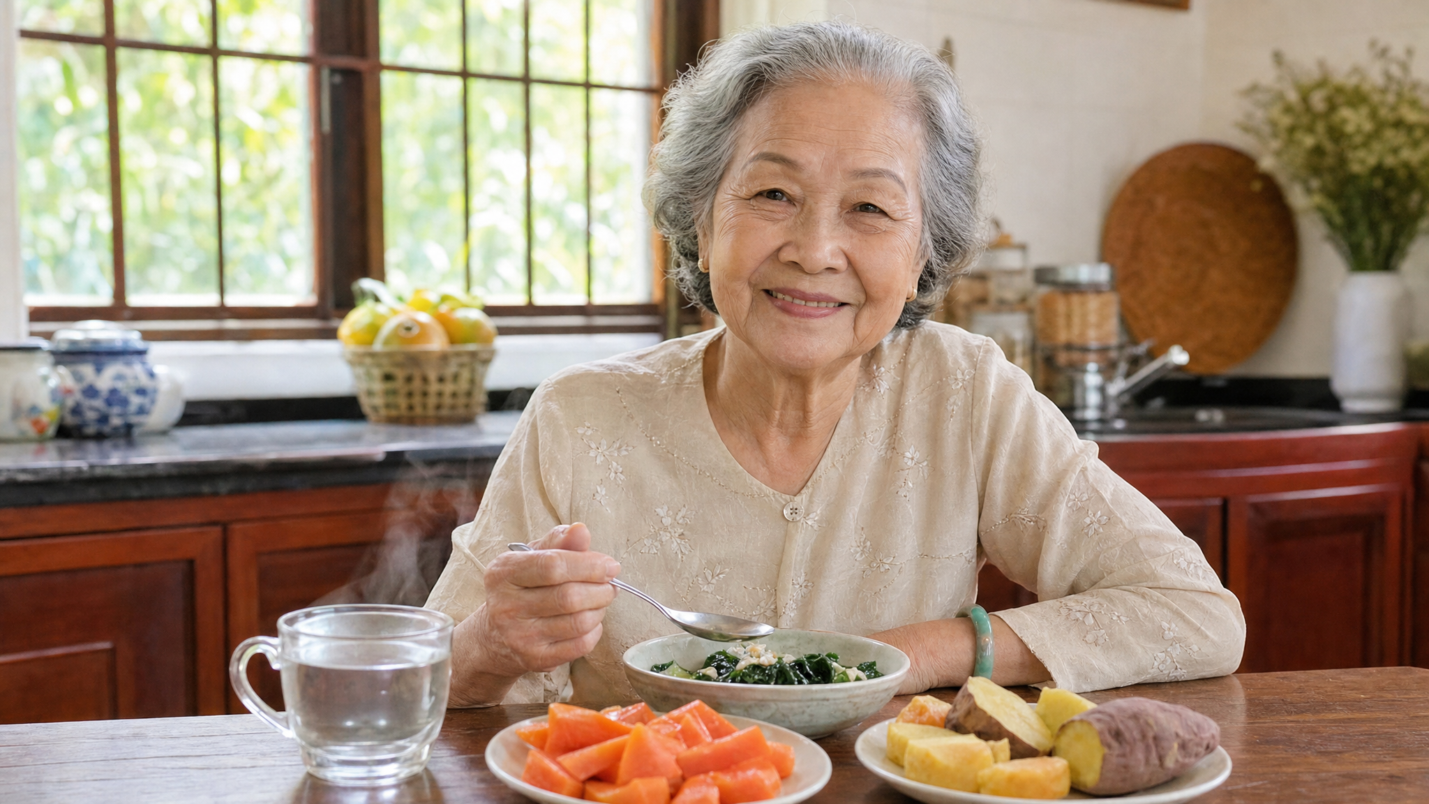 Người cao tuổi uống nước và ăn rau xanh để giảm táo bón