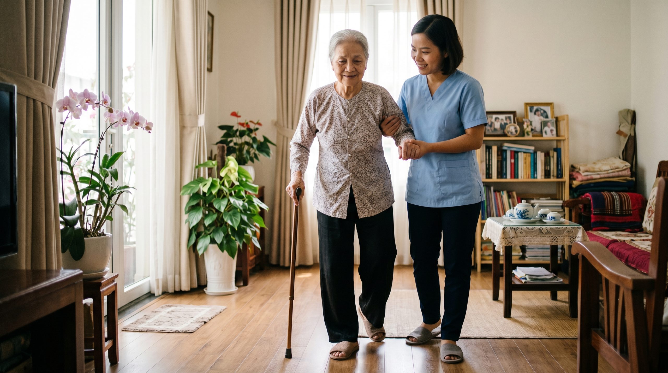 Gia đình chăm sóc người già bị táo bón lâu ngày